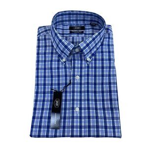 Berkley Jensen Mens Blue Plaid 100% Cotton Wrinkle-Free Dress Shirt L 34/35
